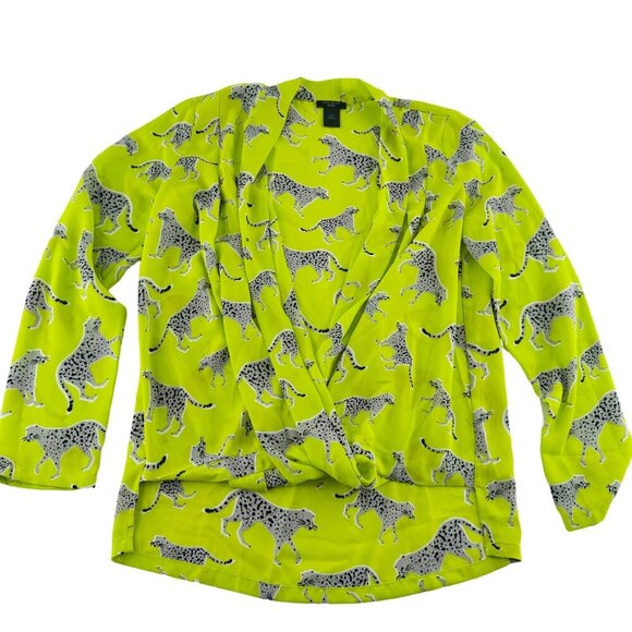 Ann Taylor Factory Petite XSP Lime Green Cheetah Print Drape Cardigan Blouse - Picture 1 of 6